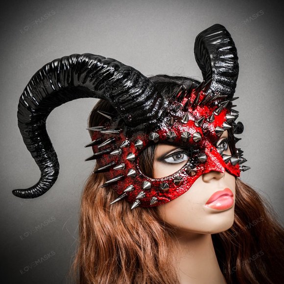 Bloody Red Demon Spikes Devil with Back Twisted Horns Masquerade Eye Mask - Picture 5 of 5